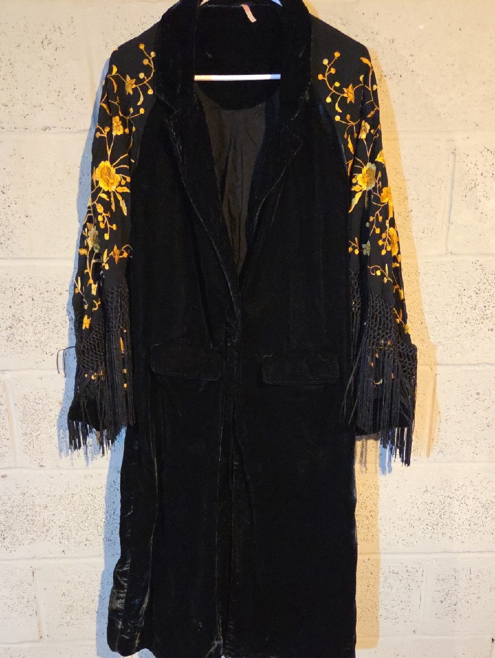 Free People Black Velvet Embroidered Fringe Duster Kimono Jacket Size S